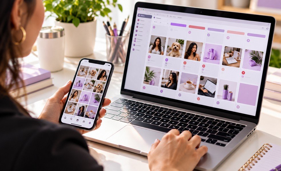 Profissional gerenciando conteúdo de redes sociais em notebook e celular